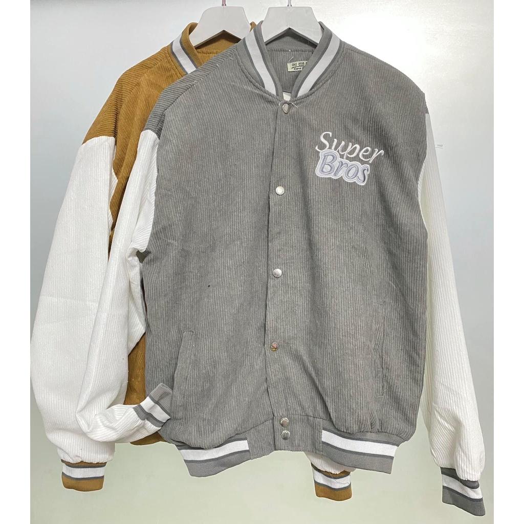 Áo Khoác Bomber Jacket Nhung Gân Tăm Thêu SUPER BROS Varsity Basic Form Rộng Nam Nữ Unisex Ulzzang