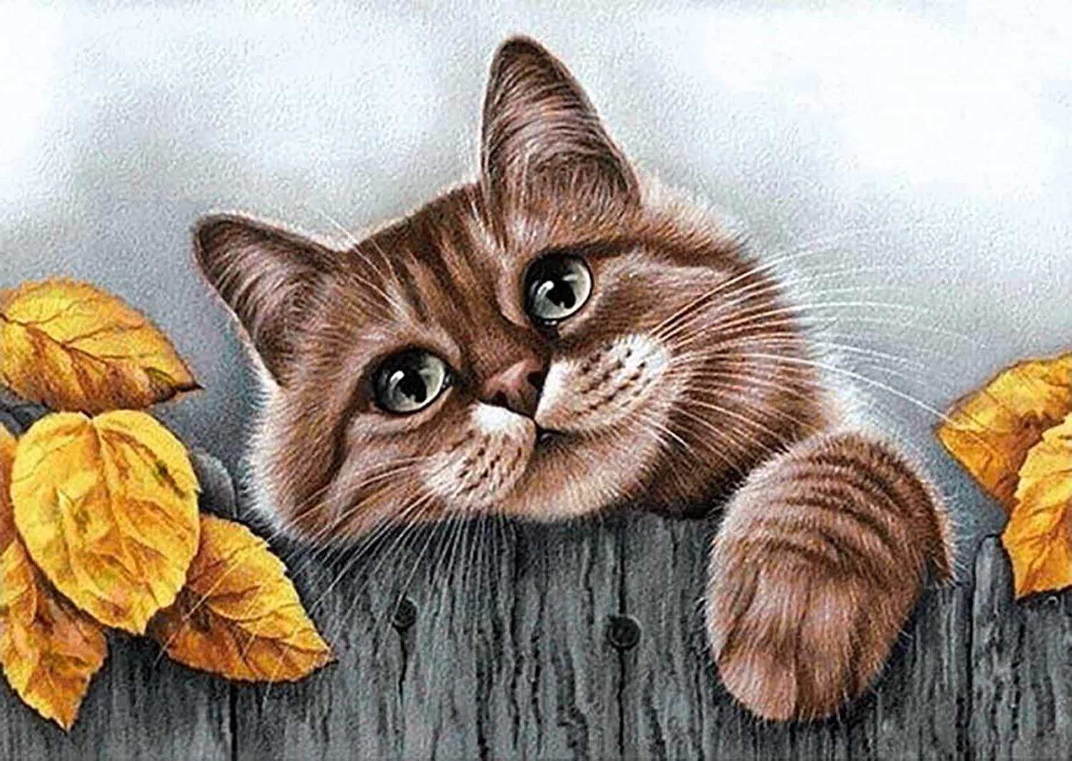 Bimkole 5D Diamond Painting Yellow Leaf Cat Full Drill DIY Rhinestone Pasted with Diamond Set Arts Craft Decorations