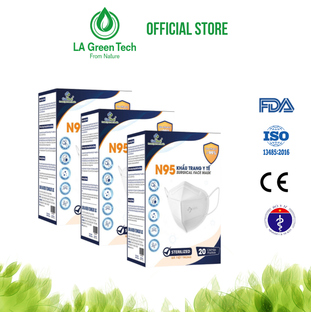 COMBO 5 HỘP Khẩu trang y tế CAEMEDI N95 cao cấp, kháng khuẩn, lọc bụi bẩn đạt chuẩn BFE, FDA, CE xuất khẩu Hoa Kỳ - Hộp 20 cái