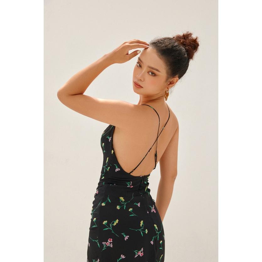 Nene Clothing - Đầm hoa đen xẻ tà dây rút