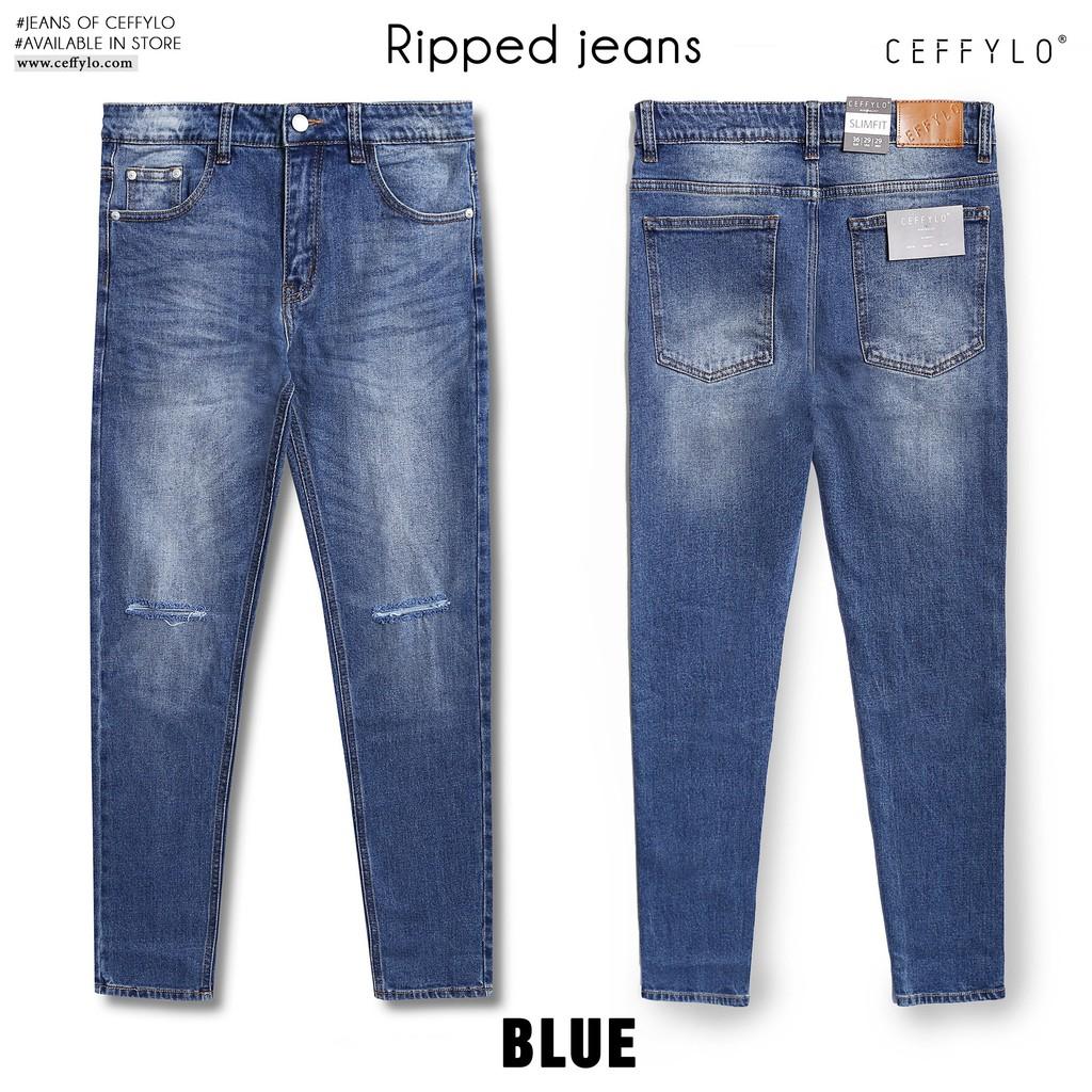 Quần Jeans rách gối Xanh Đậm nam form slimfit CEFFYLO , chất Jean thun co giãn nhẹ