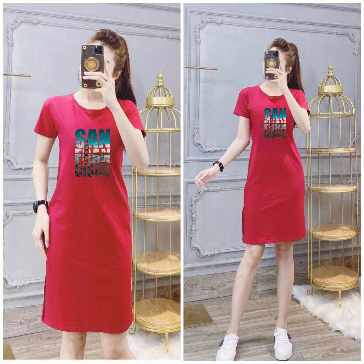 Váy thun nữ dáng suông xẻ tà cổ tròn in chữ Sanfrancisco từ 40-55kg ( D146 )