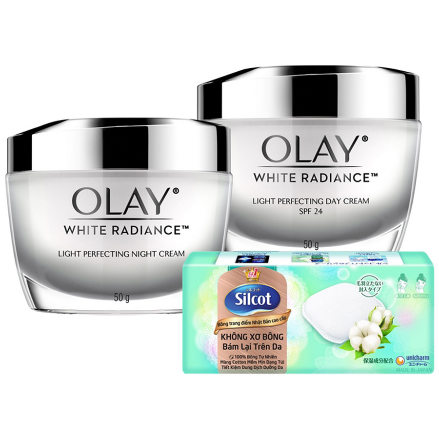 Bộ Đôi Olay Olay Dưỡng Trắng &amp; Cấp Ẩm (Kem Dưỡng Ban Ngày Olay White Radiance 50g + Kem Dưỡng Ban Đêm Olay White Radiance 50g)  [Tặng Bông Tẩy Trang Silcot]