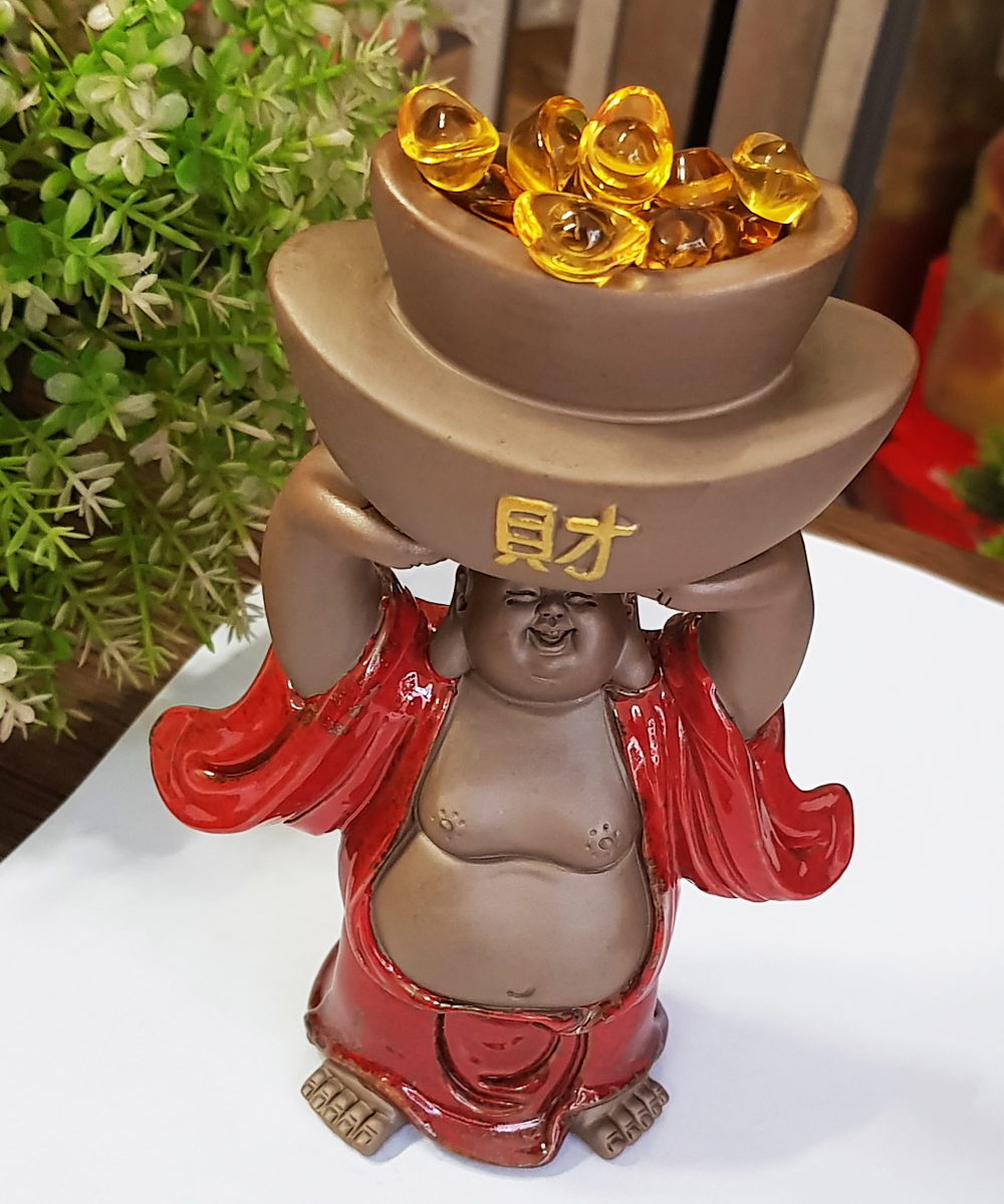 Tượng Di Lặc tử sa mẫu đứng nâng thỏi vàng may mắn