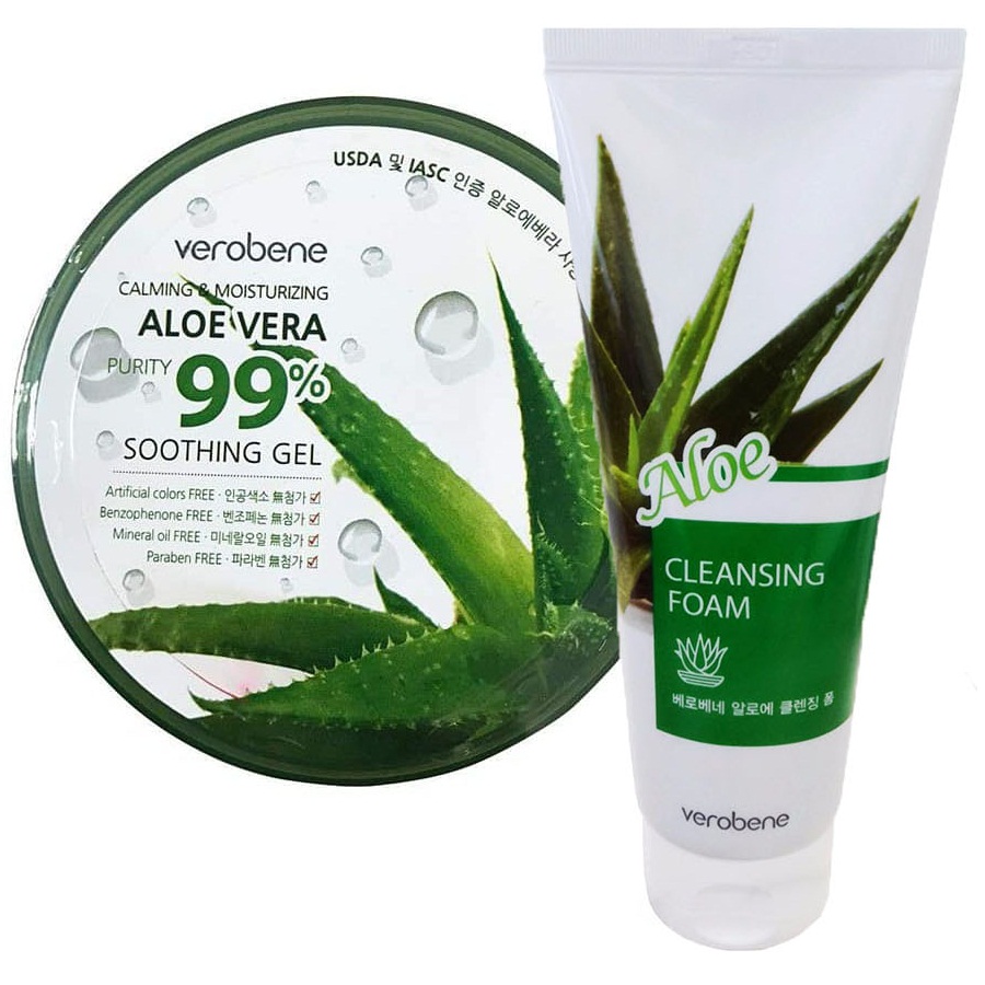 COMBO Lô Hội_Verobene Calming & Moisturizing Aloe Vera Purity 99% Smothing Gel + Verobene Aloe Cleansing Foam