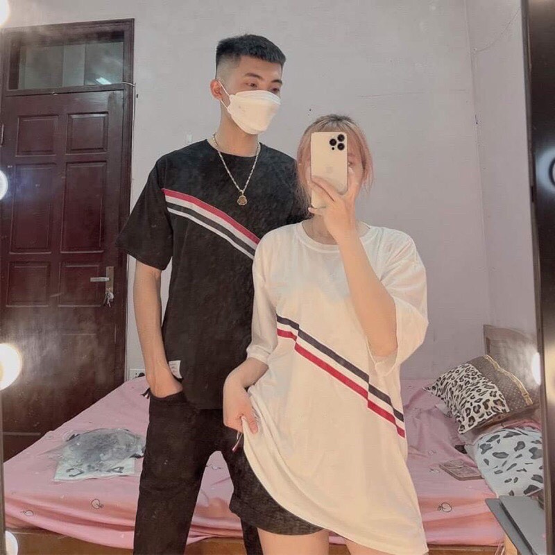 Áo Phông Cộc Tay Vạch Chéo Nan Nữ Form Rộng Thời Trang Hè
