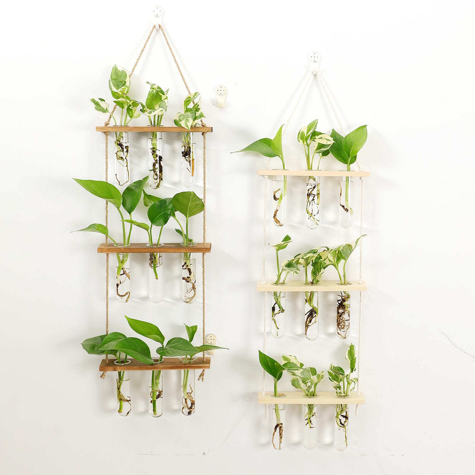 Wall Hanging Planter Flower Bud Vase Glass Terrarium Wooden Stand Test Tube Vase for Propagating Hydroponic Plants Home Garden Wedding Decoration
