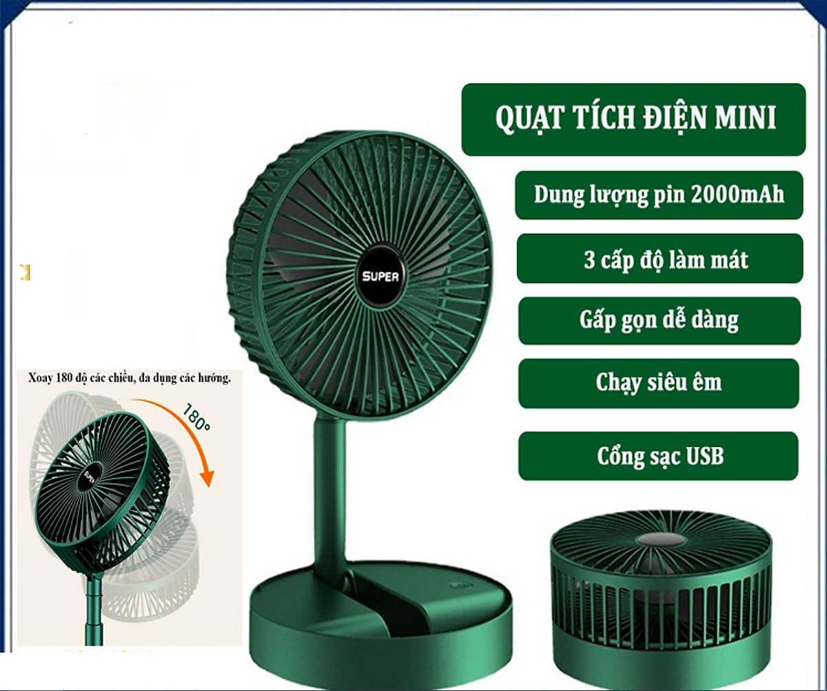 Quạt tích điện để bàn mini Super gấp gọn 3 cấp độ gió siêu bền, cáp sạc USB tiện lợi