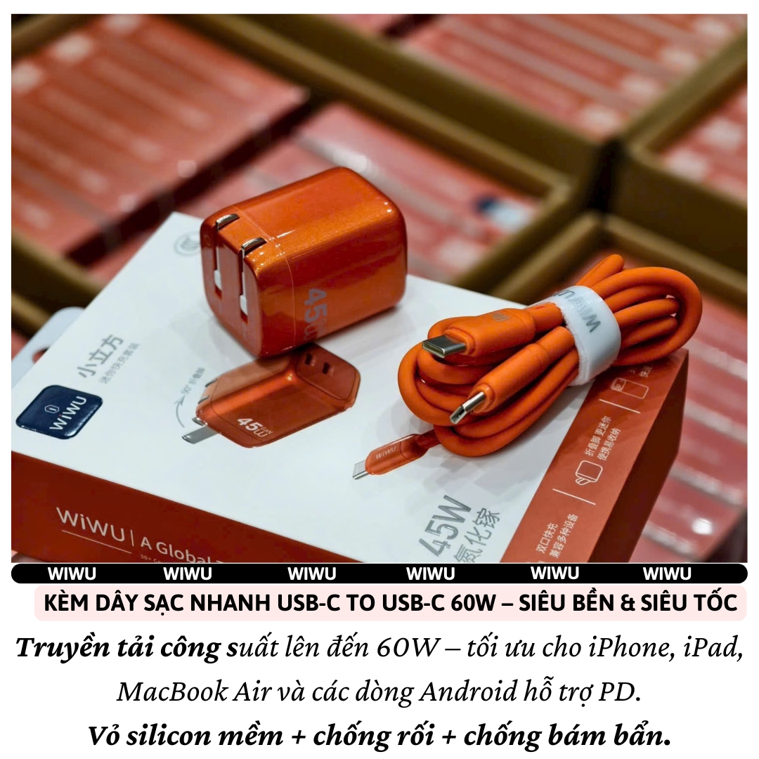 Bộ Adapter Cóc Củ Sạc Nhanh USB-C hiệu WiWU 45W USB-C công nghệ TurboCharge sạc ổn định, không nóng – Combo Củ & Dây sạc Type-C Chip Smart IC An toàn,điều chỉnh dòng điện, Vỏ chống cháy - hàng nhập khẩu