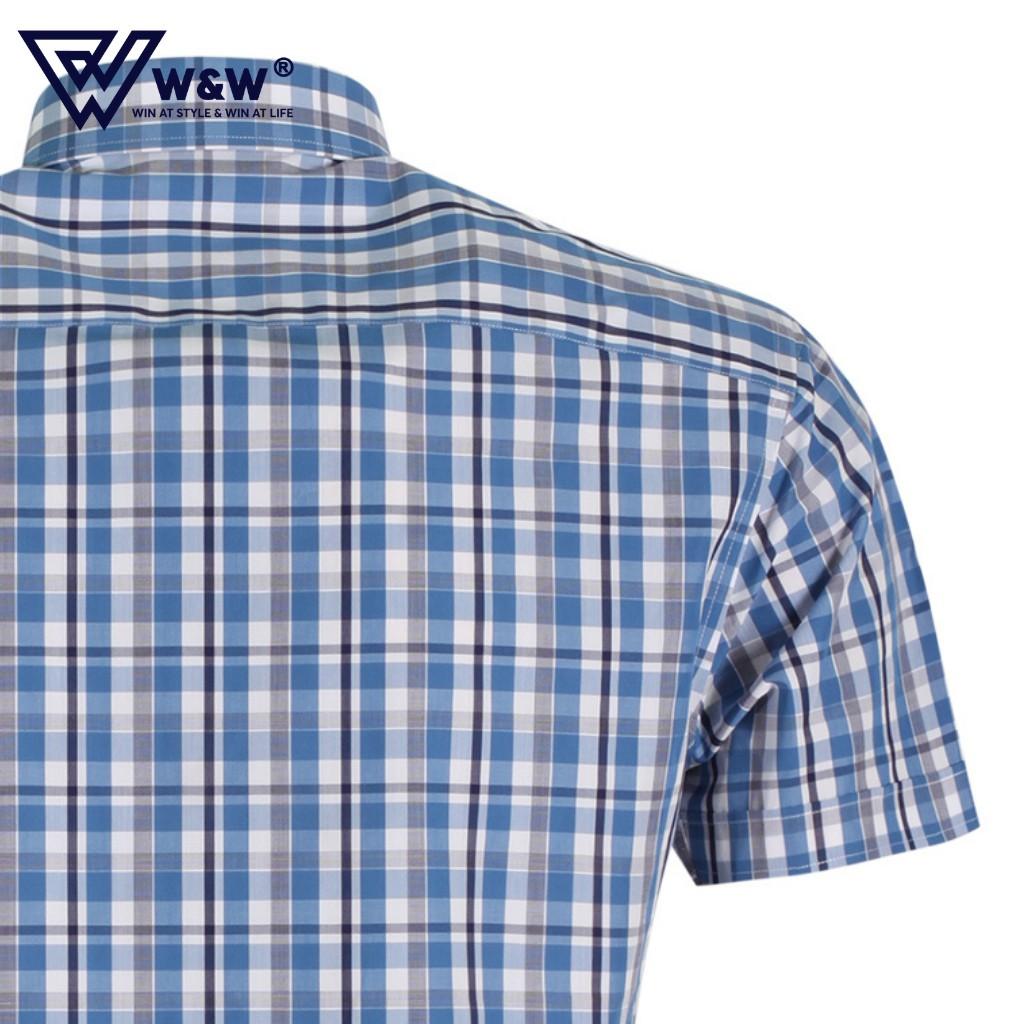 Áo Sơ Mi Nam W&amp;W Dáng Slim Fit Cổ Đức Tay Cộc Hoạ Tiết Kẻ, Chất Liệu Thấm Hút, Mềm Mịn Cao Cấp WSS203