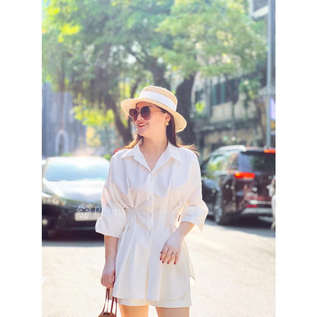 Áo sơ mi trắng nữ chiết eo trendy thời thượng, dễ mặc, dễ phối đồ Peony - SELENA TOP