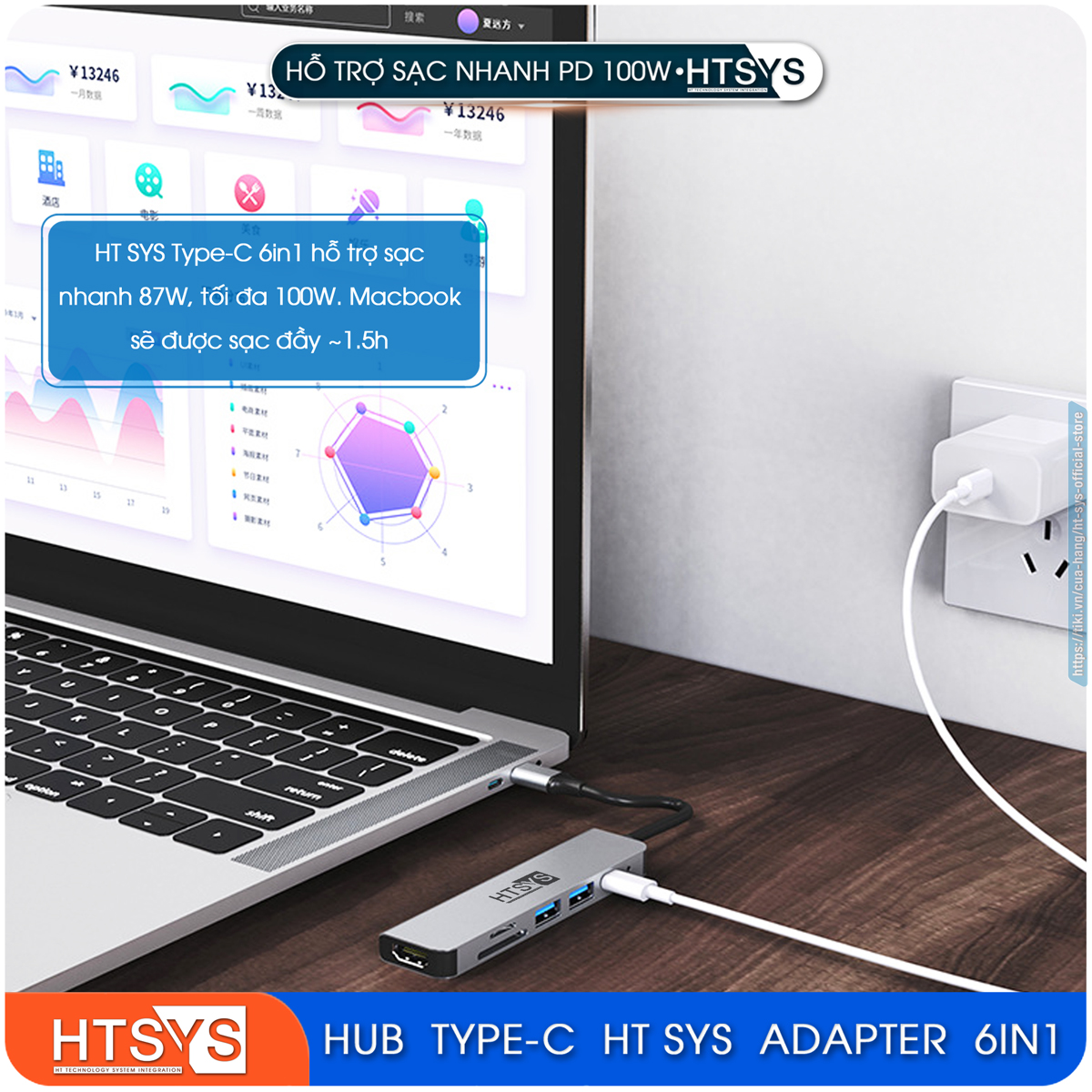 Hub Type C HT SYS 6 in 1 To HDMI, USB 3.0, SD, TF, PD 100W - Hàng Chính Hãng