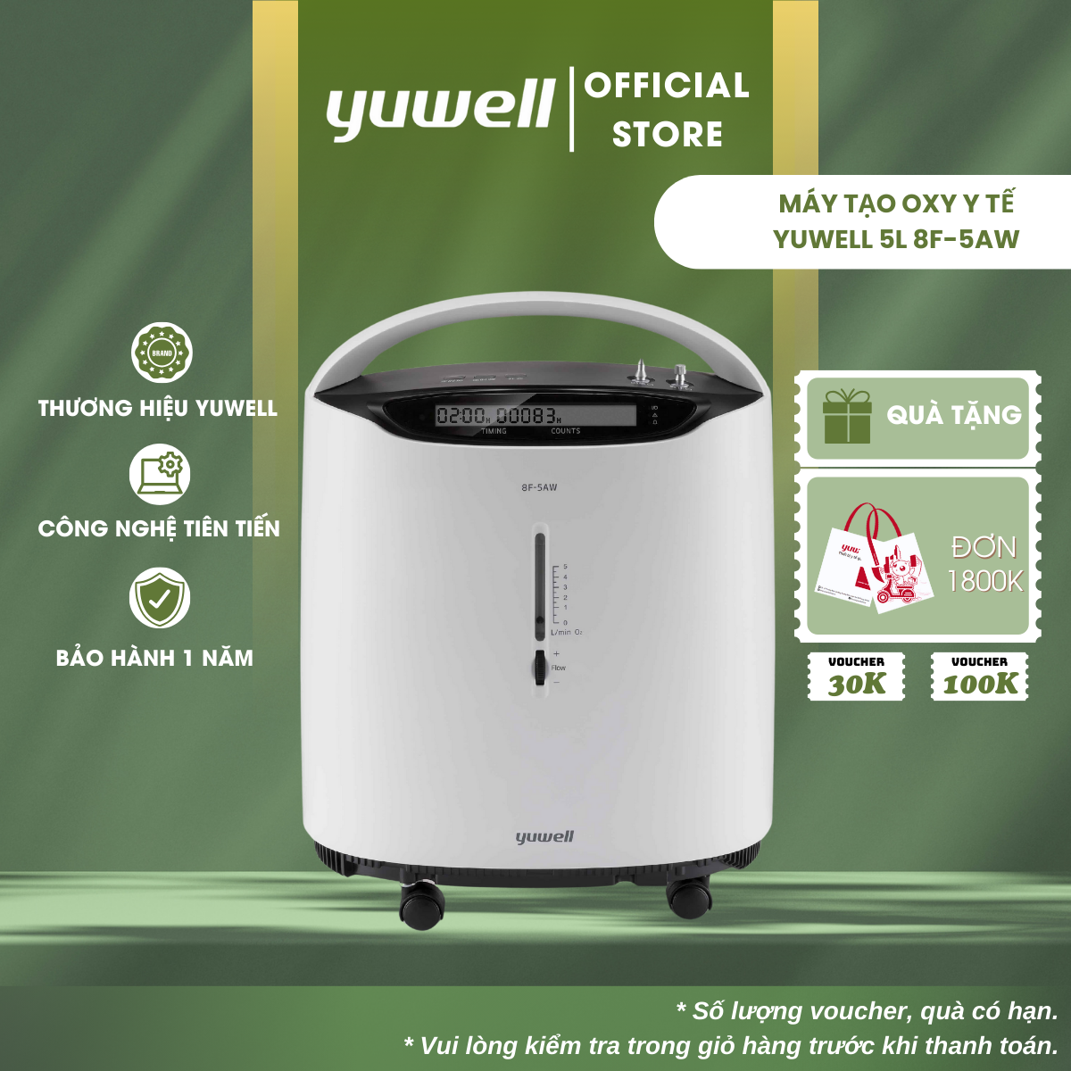 Máy Tạo Oxy Y Tế 93% Yuwell 8F-5AW - Hỗ Trợ Bệnh Nhân Suy tim, Suy phổi, Rối loạn hô hấp - Bảo Hành 1 Năm