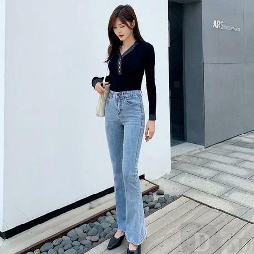 Quần jean ống loe nữ cạp cao. lưng siêu cao túi trước hàng VNXK - bigsize