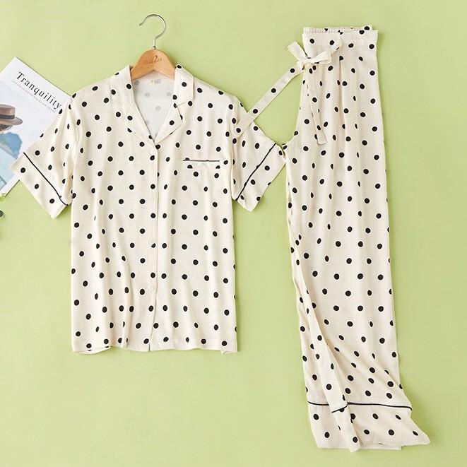 Bộ ngủ Pijama lụa satin cao cấp họa tiết chấm bi