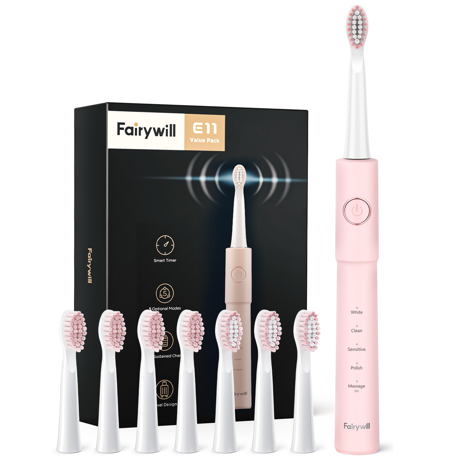Bàn chải đánh răng điện FAIRYWILL E11 Bản Màu Hồng Công nghệ làm sạch bằng sóng siêu âm Tặng kèm 8 đầu bàn chải Hàng Chính Hãng