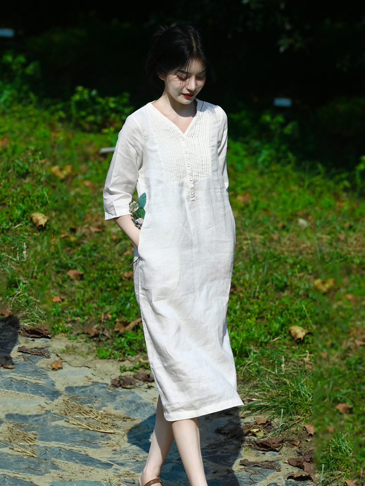 Đầm linen suông cổ V cài cúc, Váy suông nữ dáng dài tay lỡ, có túi hông chất linen mềm mát thời trang xuân hè Đũi Việt