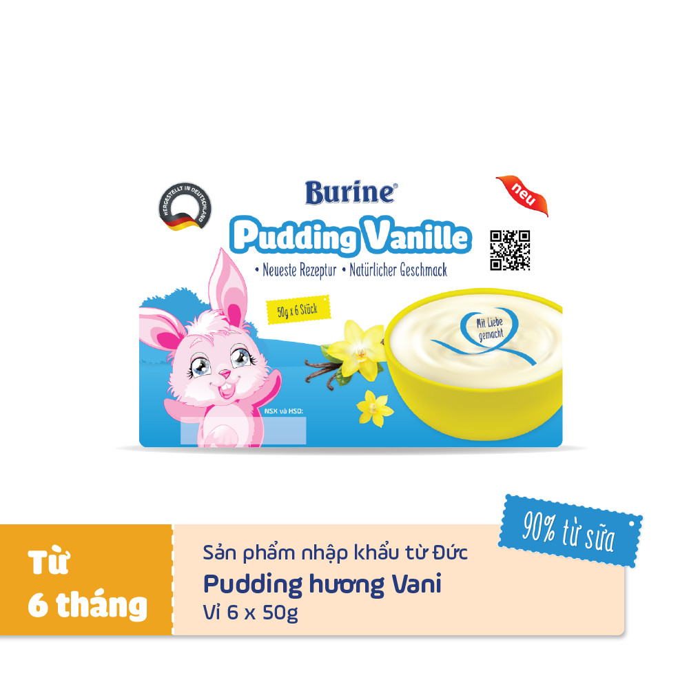 Pudding ăn dặm Burine Vị Vani - Nhập khẩu Đức dành cho trẻ từ 6 tháng tuổi (vỉ 6 hũ x 50g)