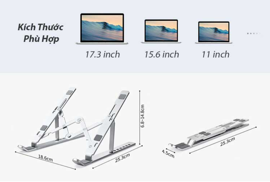 Giá Đỡ Laptop Nhôm , Laptop Stand Gấp Gọn Dùng Cho Máy Từ 11~17 inch, Chất Liệu Hợp Kim Nhôm Cao Cấp , Hàng Chính Hãng