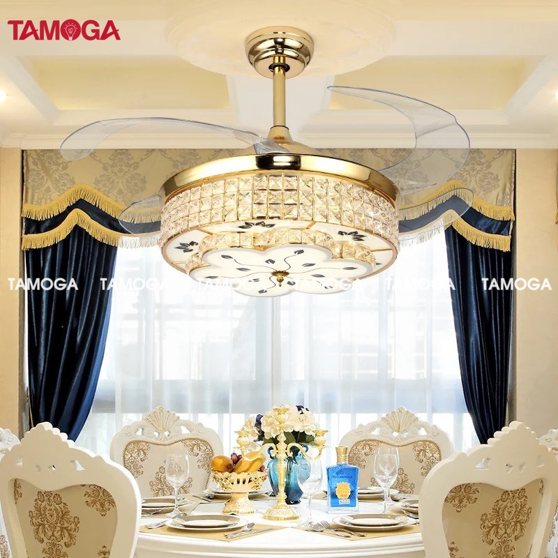 Quạt trần đèn phòng khách pha lê trang trí TAMOGA POXAS 8055 + Tặng kèm khiển