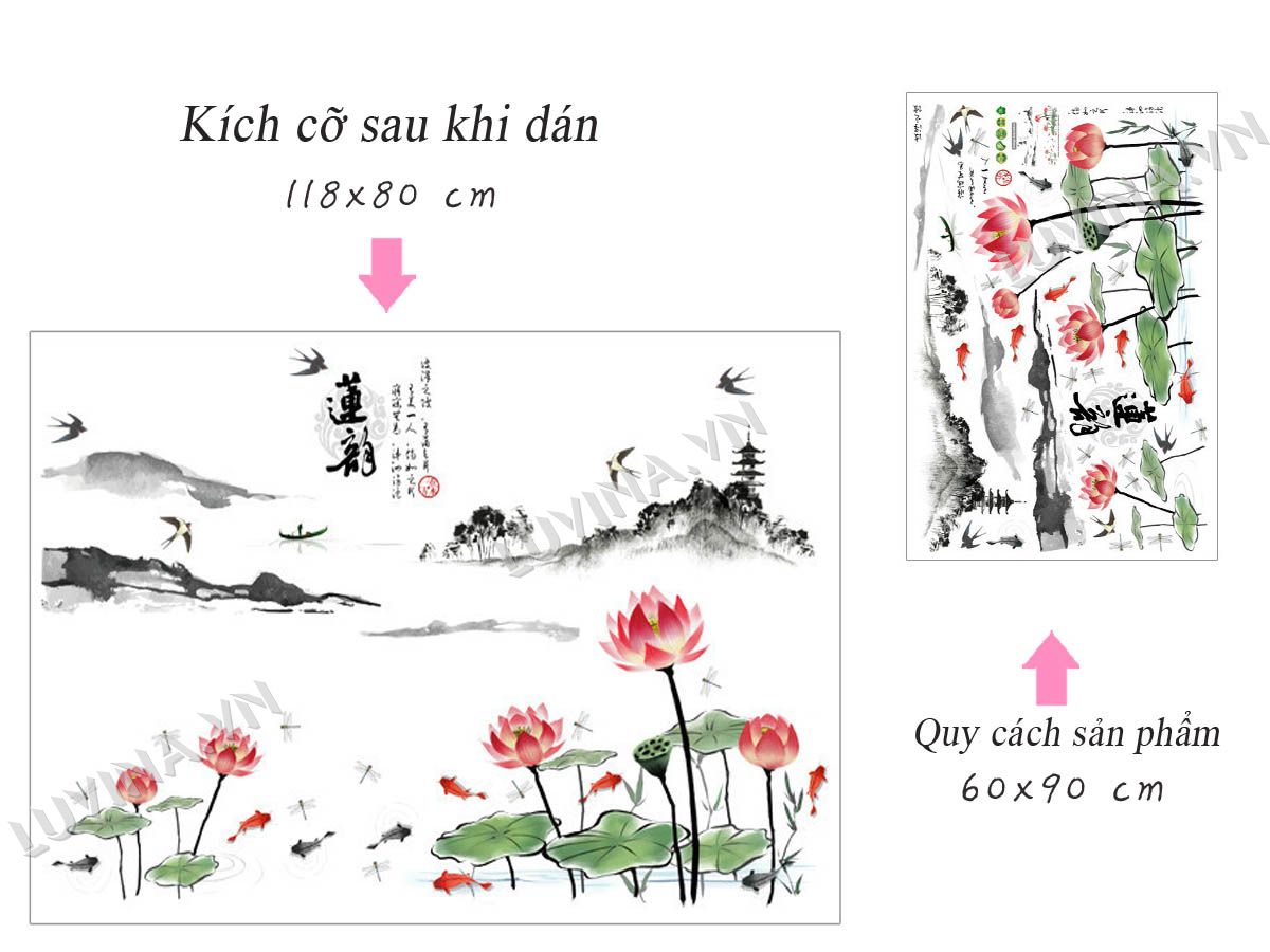 Decal dán tường Mẫu đơn chim én và sen phong thủy - HP500
