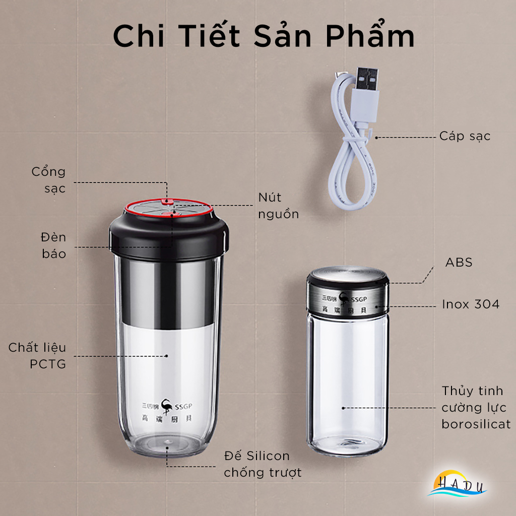 Máy Xay Sinh Tố Cầm Tay Mini 300ml Cao Cấp Sạc Điện Đạt Tiêu Chuẩn Chất Lượng Đức SSGP