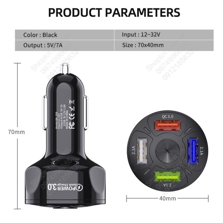 Đầu sạc nhanh xe hơi với 04 cổng USB, điện áp vào 12-24V