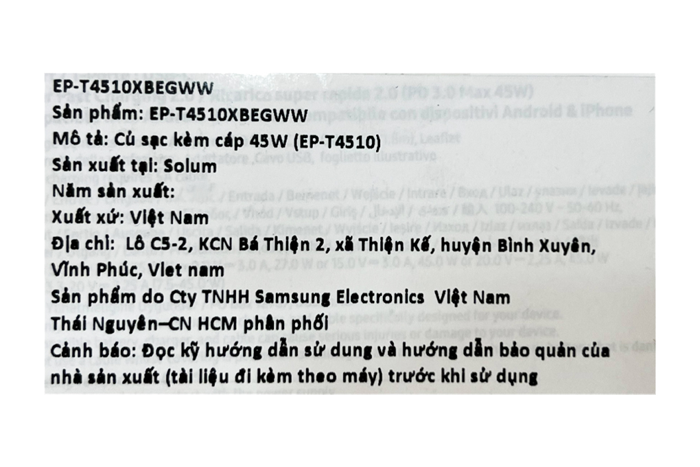 Bộ sạc Samsung 45W (Kèm cáp C-C 5A, 1.8m) (EP-T4510) - Hàng Chính Hãng