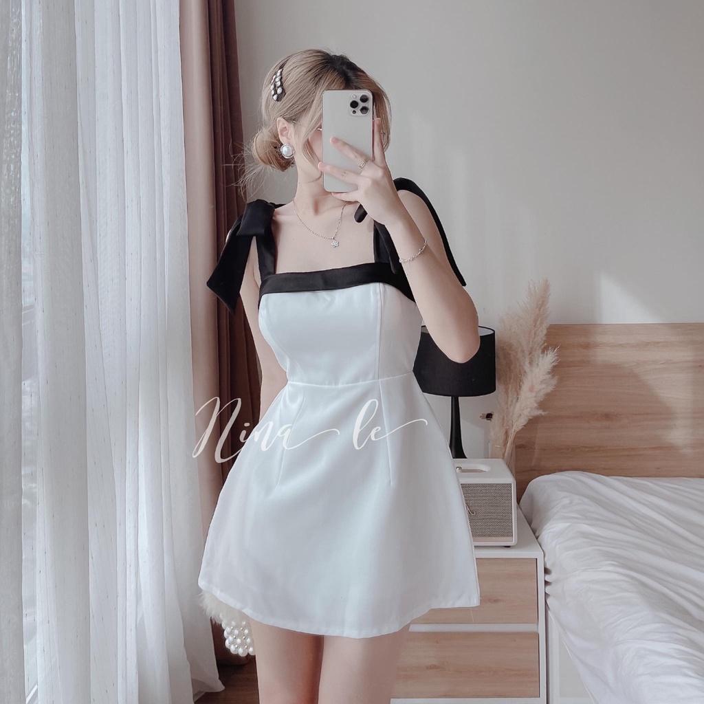 Đầm nữ cổ vuông hai dây nơ vai , màu sắc xinh xắn cho nàng dạo phố, dự tiệc