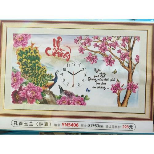 Tranh đính đá đồng hồ vợ chồng chim công YN5406 87 x 53 cm chưa thêu