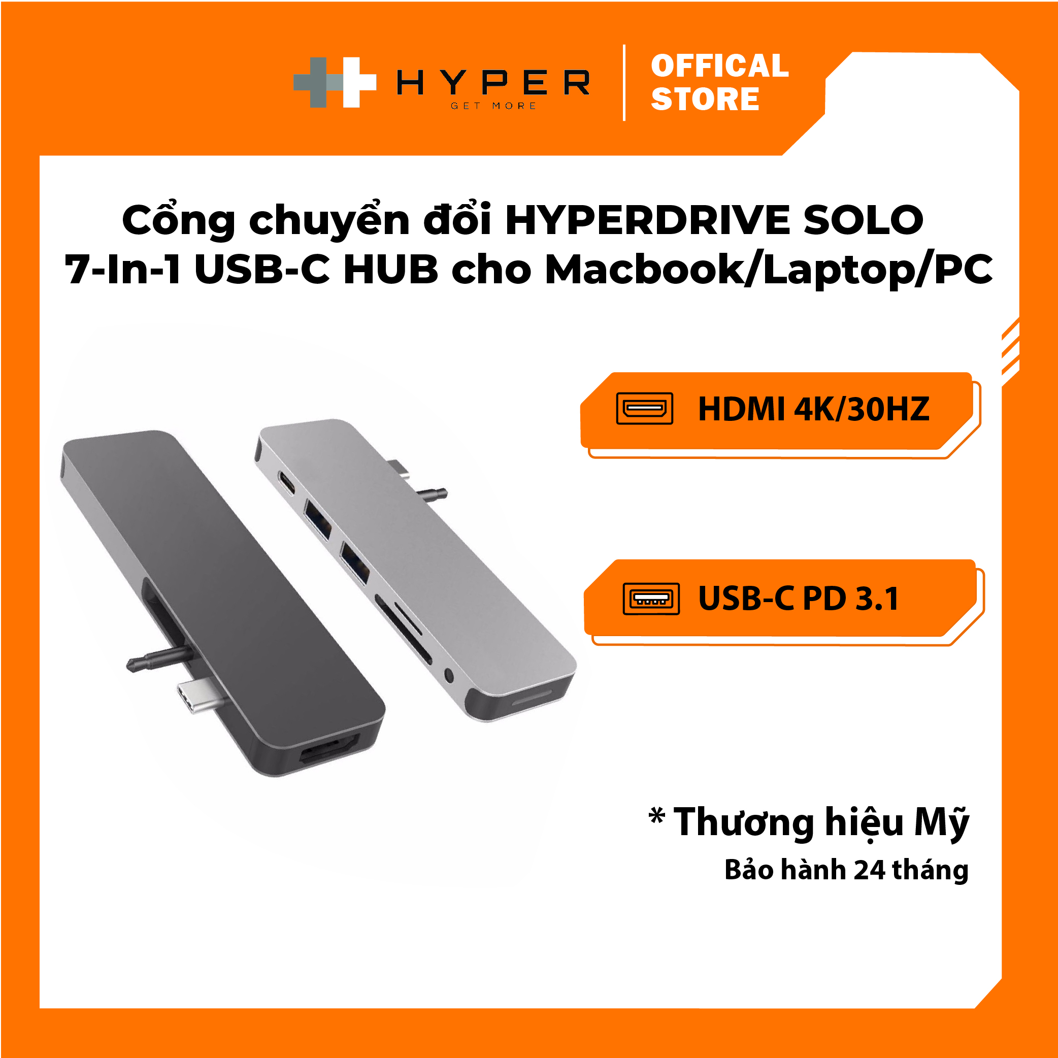 Cổng Chuyển HyperDrive SOLO 7-in-1 USB-C Hub For MacBook, PC &amp; Devices - GN21D - HÀNG CHÍNH HÃNG