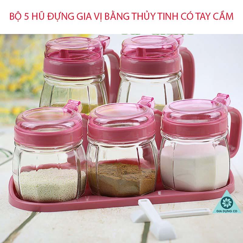Bộ 5 Hủ Đựng Gia Vị Thủy Tinh Có Tay Cầm