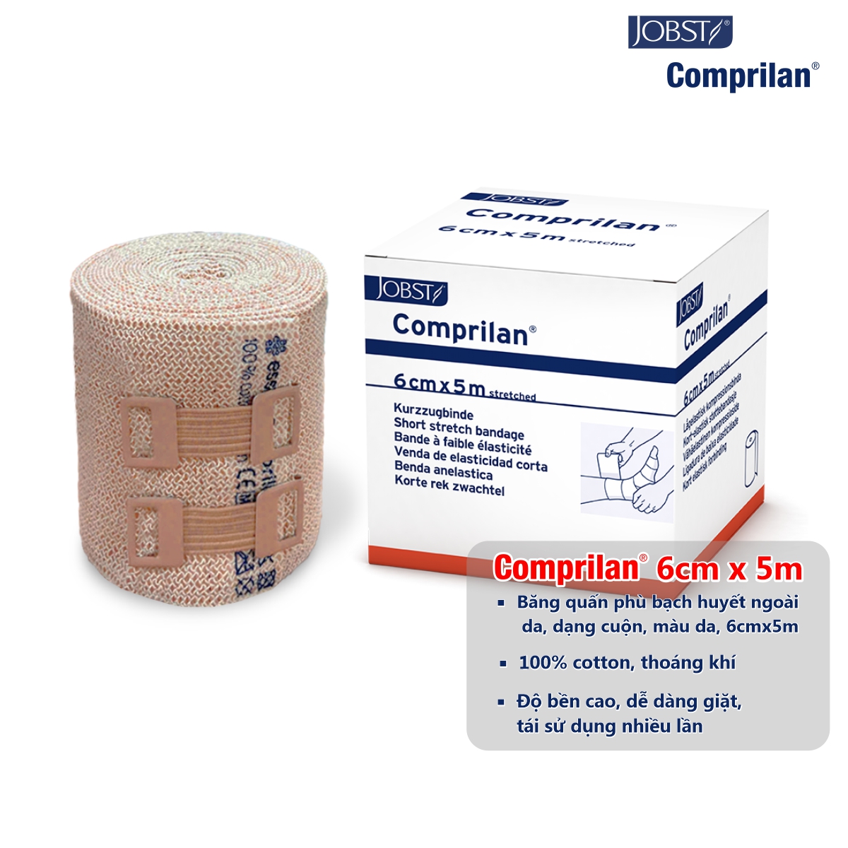 Comprilan - Băng Quấn Phù Bạch Huyết Lớp 3, Dạng Cuộn, Màu Da, Size 6cmx5m