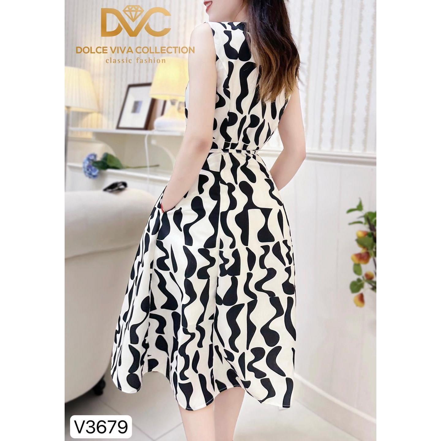 V3679 Váy đen trắng sát nách cổ vest (tặng kèm đai) váy đầm A xoè dài đen trắng sang chảnh