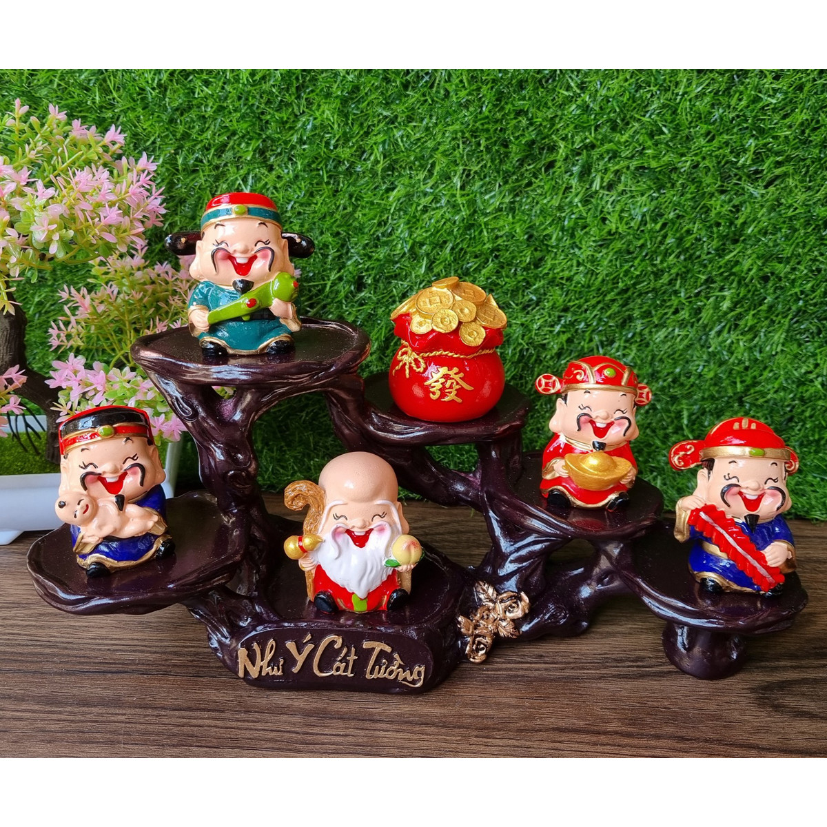 Bộ Ngũ Phúc 6cm kèm túi đỏ chữ Phát và chân đế Như Ý Cát Tường