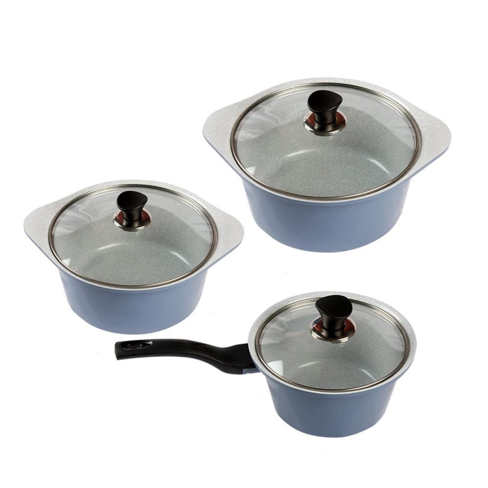 Bộ 3 nồi đúc ceramic cao cấp: nồi 1 tay cầm 18cm, nồi 2 tay cầm 20-24cm tặng 1 cặp nhấc nồi sillicon (màu ngẫu nhiên)