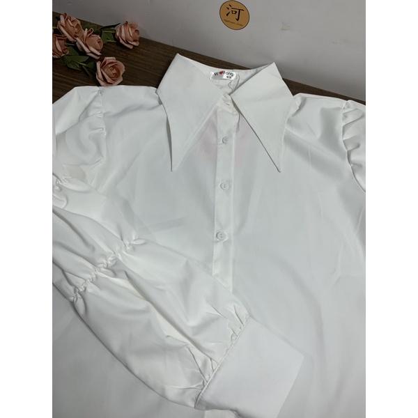 Áo Sơ mi trắng style Hàn form rộng chất thô mịn dày chuẩn form bo chun che khuyết điểm vai thô bắp tay to kèm ảnh thật