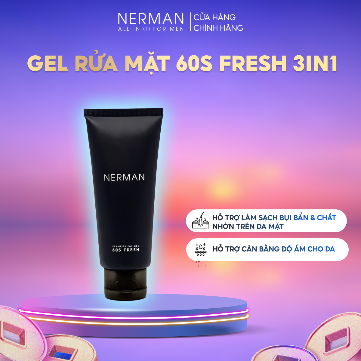 Gel rửa mặt ngăn ngừa mụn Nerman Nano Curcumin 60s Fresh dành riêng cho nam làm sạch sâu, ngăn ngừa vi khuẩn gây mụn 100ml – Gel rửa mặt