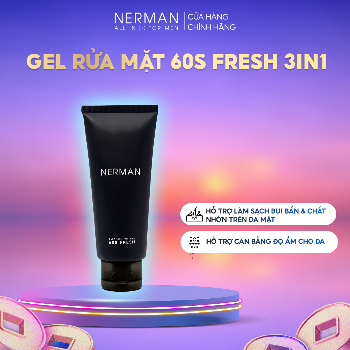 Gel rửa mặt ngăn ngừa mụn Nerman Nano Curcumin 60s Fresh dành riêng cho nam làm sạch sâu, ngăn ngừa vi khuẩn gây mụn (100ml)