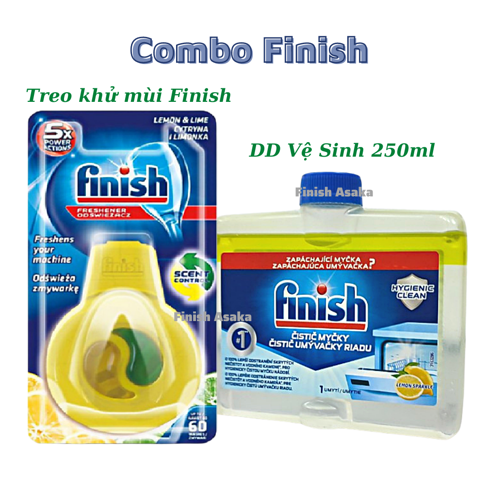 Combo Vệ sinh máy rửa bát Finish: Dung dịch vệ sinh chai 250ml, Viên Treo khử mùi hôi trong máy rửa bát - Chính Hãng