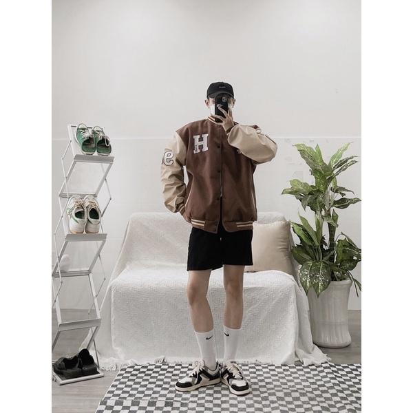 Bomber dạ phối tay da bomber nam có thêu chữ H