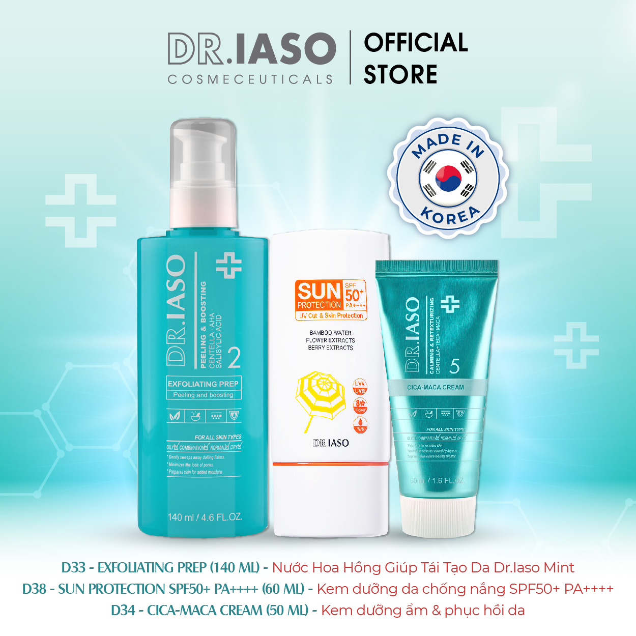 Bộ ba sản phẩm D33 - D34 - D38 Kem chống nắng SPF50+ Dr Iaso, Nước hoa hồng, Kem dưỡng ẩm phục hồi da Dr Iaso Mint
