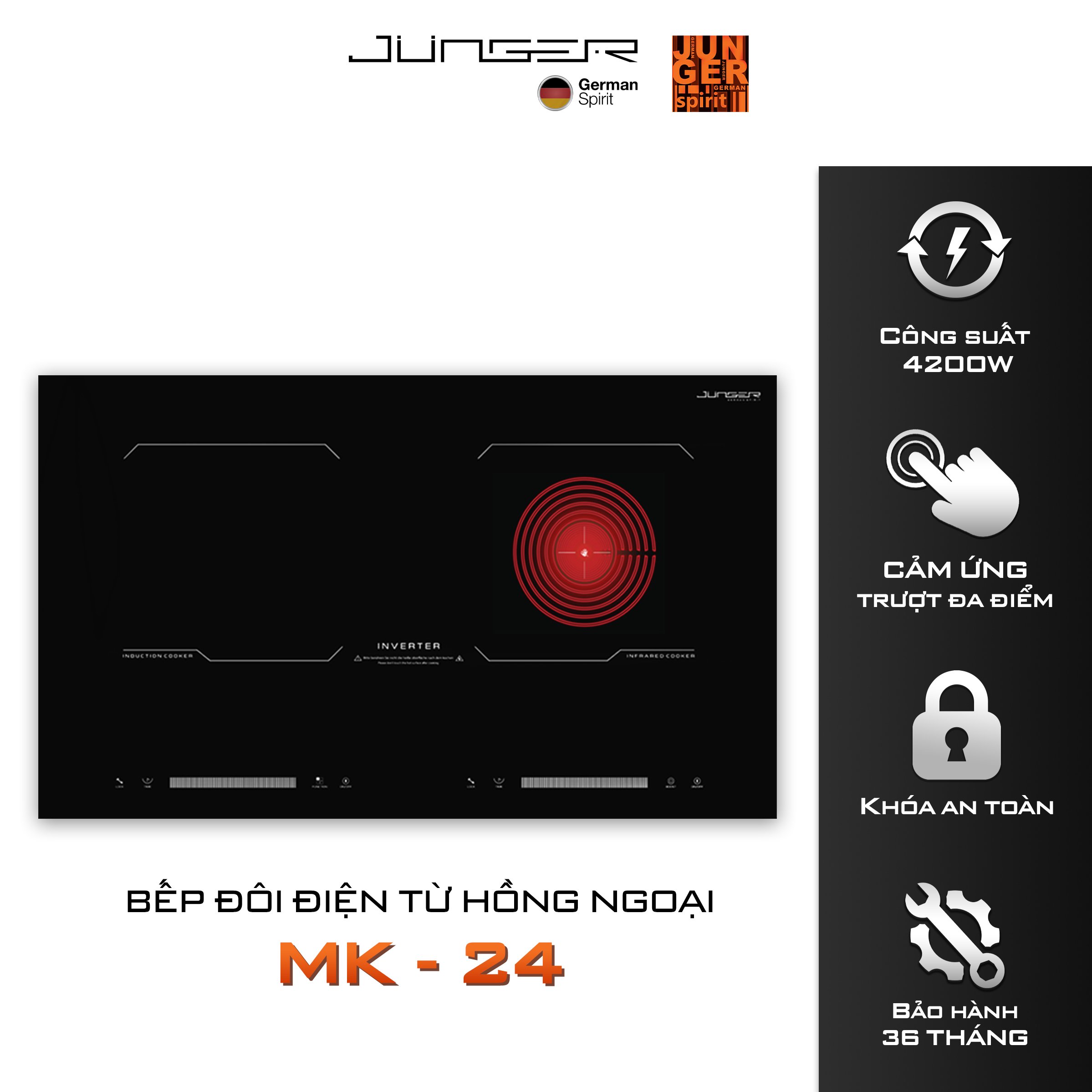 Bếp đôi điện từ hồng ngoại Junger MK-24 4200W Không kén nồi Hàng Chính Hãng Bảo Hành 36 Tháng