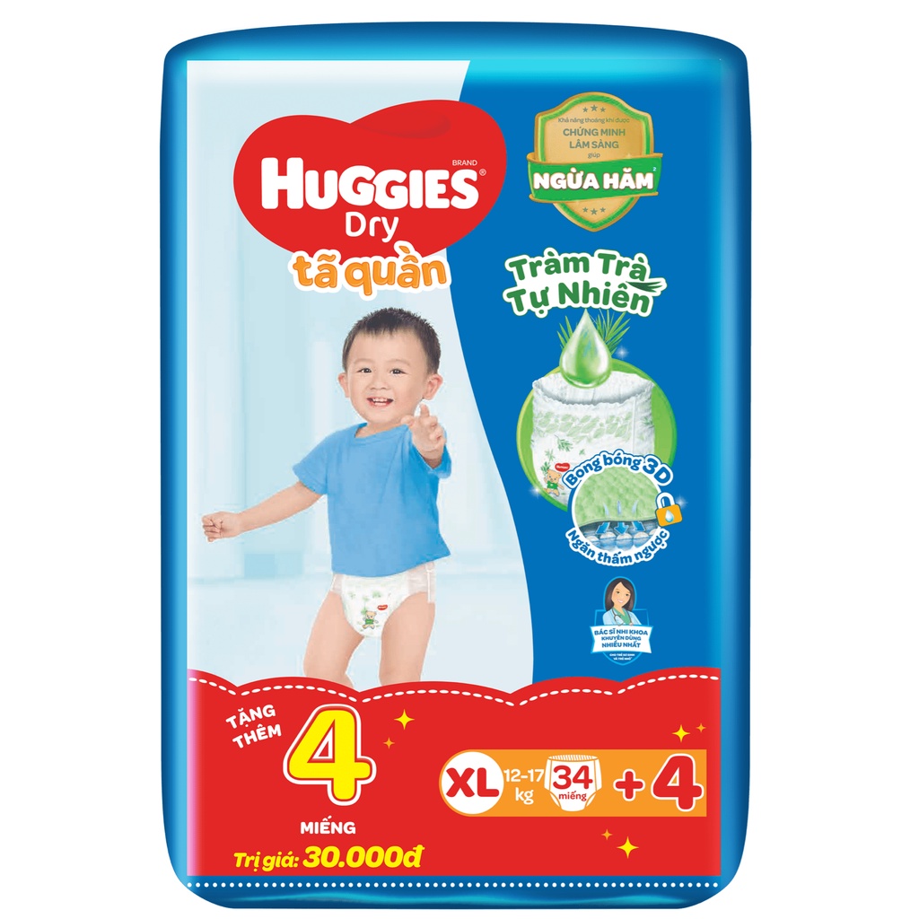 Tã quần Huggies Tràm Trà Tự Nhiên Dry Pants Jumbo XL34 + Tặng 4 miếng