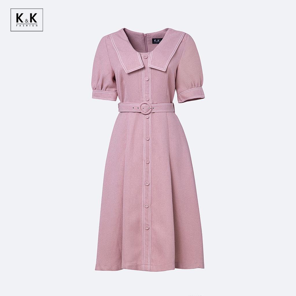 Đầm Công Sở Dáng Xòe Phối Đai Eo K&K Fashion KK115-31 Chất Liệu Cotton Chéo