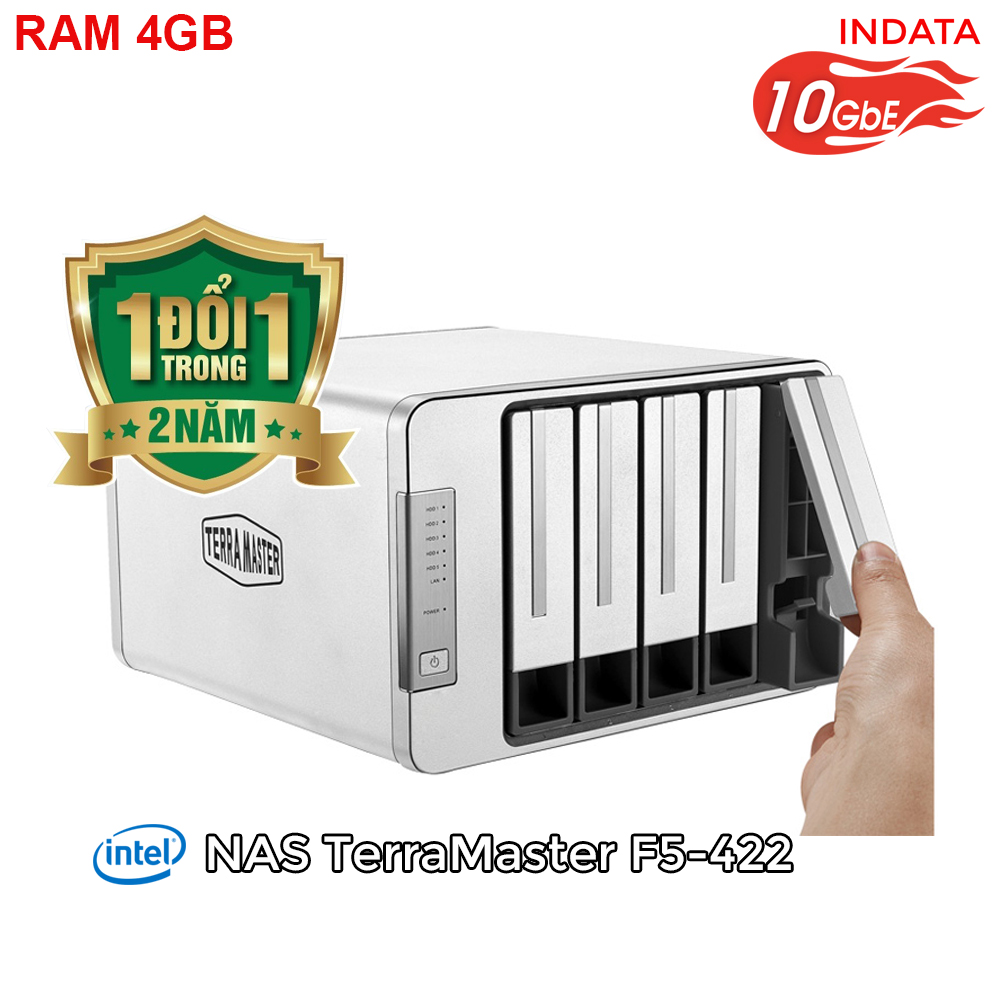 Bộ lưu trữ mạng NAS TerraMaster F5-422, LAN 10Gbps, Intel Quad-Core 1.5GHz, 4GB RAM, 670MB/s, 5 khay ổ cứng RAID 0,1,5,6,10,JBOD,Single - Hàng chính hãng