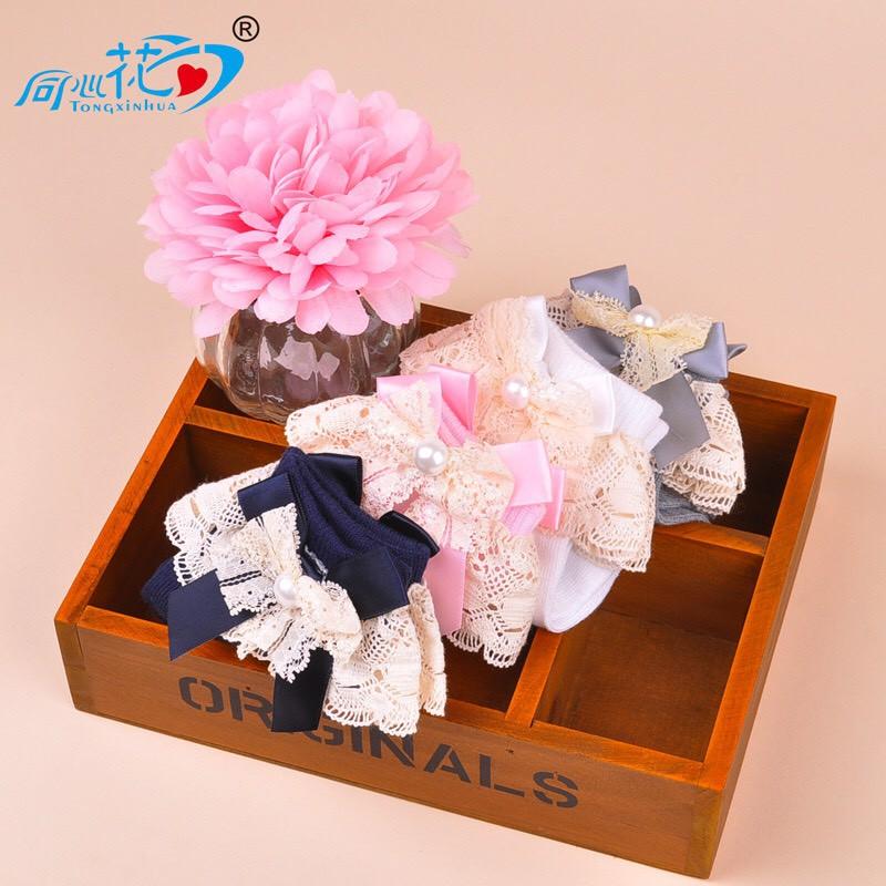 Tất Cotton Cổ Cao Phối Ren Đính Ngọc Nơ Đáng Yêu Cho Bé