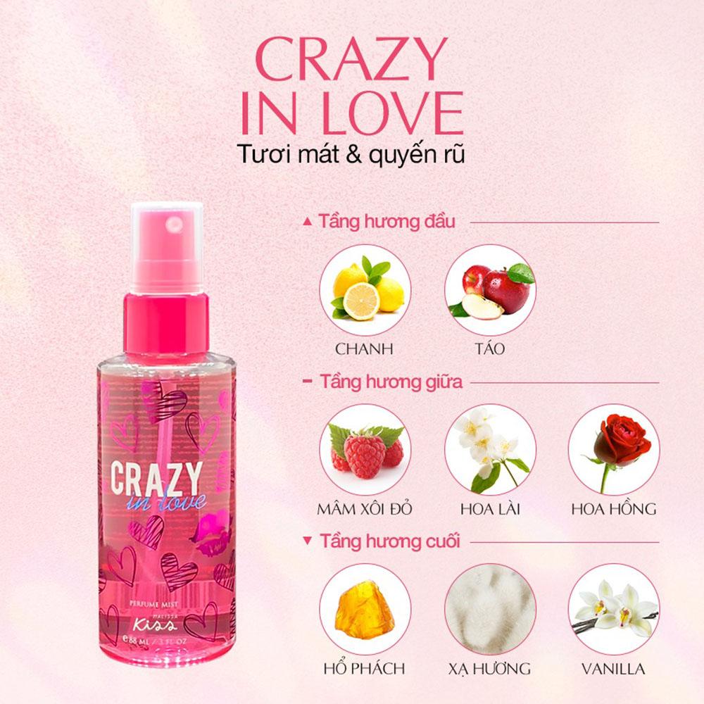 Xịt Thơm Toàn Thân Malissa Kiss Perfume Mist Crazy in Love Hương Trái Cây và Hương Hoa 88ml