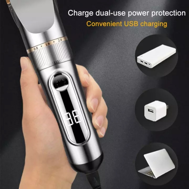Tông Đơ Cắt Tóc Cao Cấp Màn Hình Hiện Thị Pin, Lưỡi Sứ,Pin Trâu 2000 mAh.Chống Nước,Tặng Kèm Áo và Lược Cắt Tóc + 2 Kéo Cắt Tỉa Tóc FULLBOX