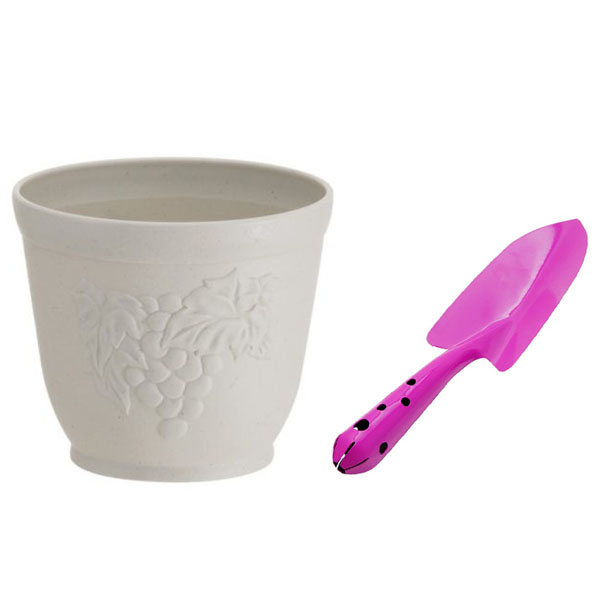 Combo Chậu hoa tròn màu trắng 20cm + Xẻng làm vườn cầm tay cao cấp chống gỉ sét nội địa Nhật Bản - Giao màu ngẫu nhiên